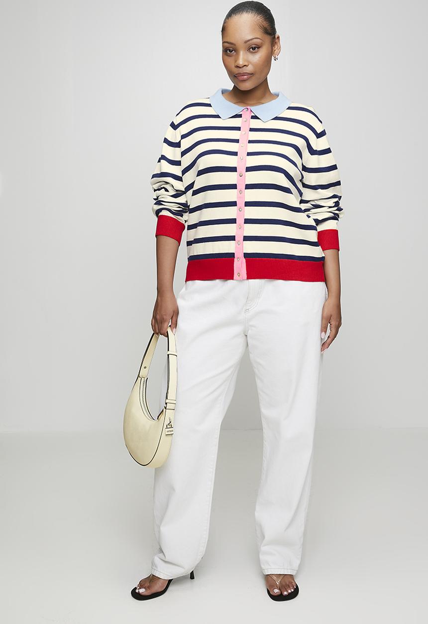 Me&B - Plus Colourblock Stripe Collar Cardigan - White Stripe