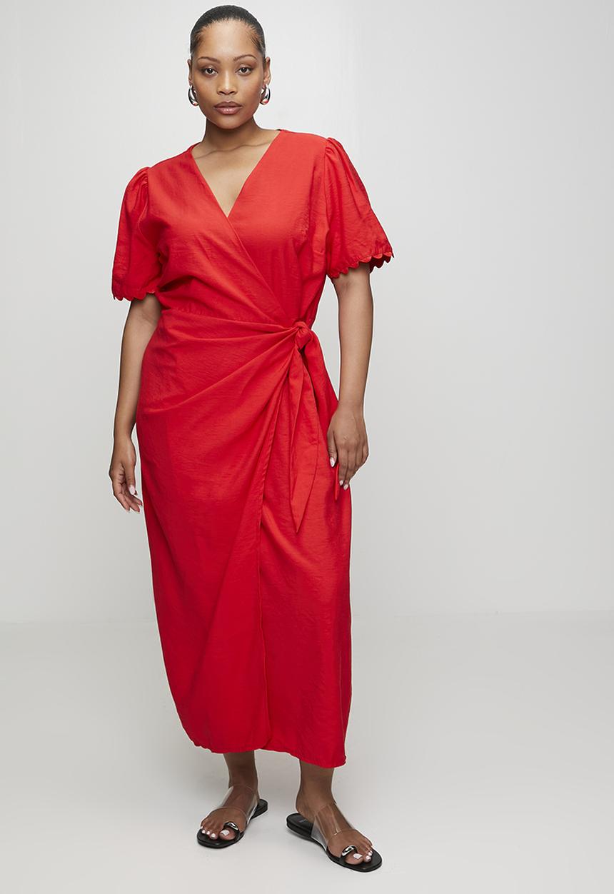 Me&B - Plus Functional Wrap Dress with RicRac Detail - Red