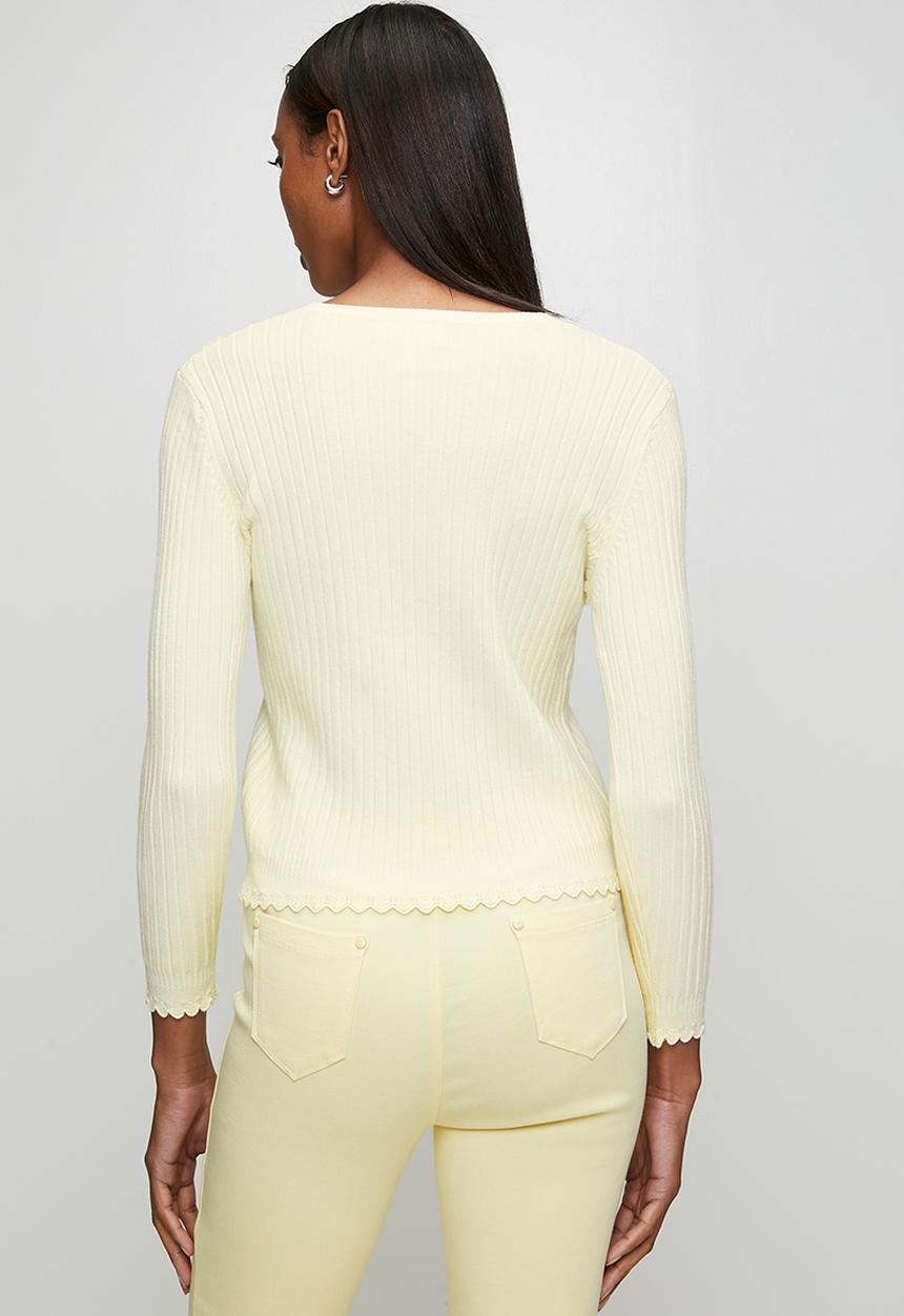 Stella Morgan - 3/4 Sleeve V-Neck Button Through Cardi With Scallop Hem  - Pale Yellow
