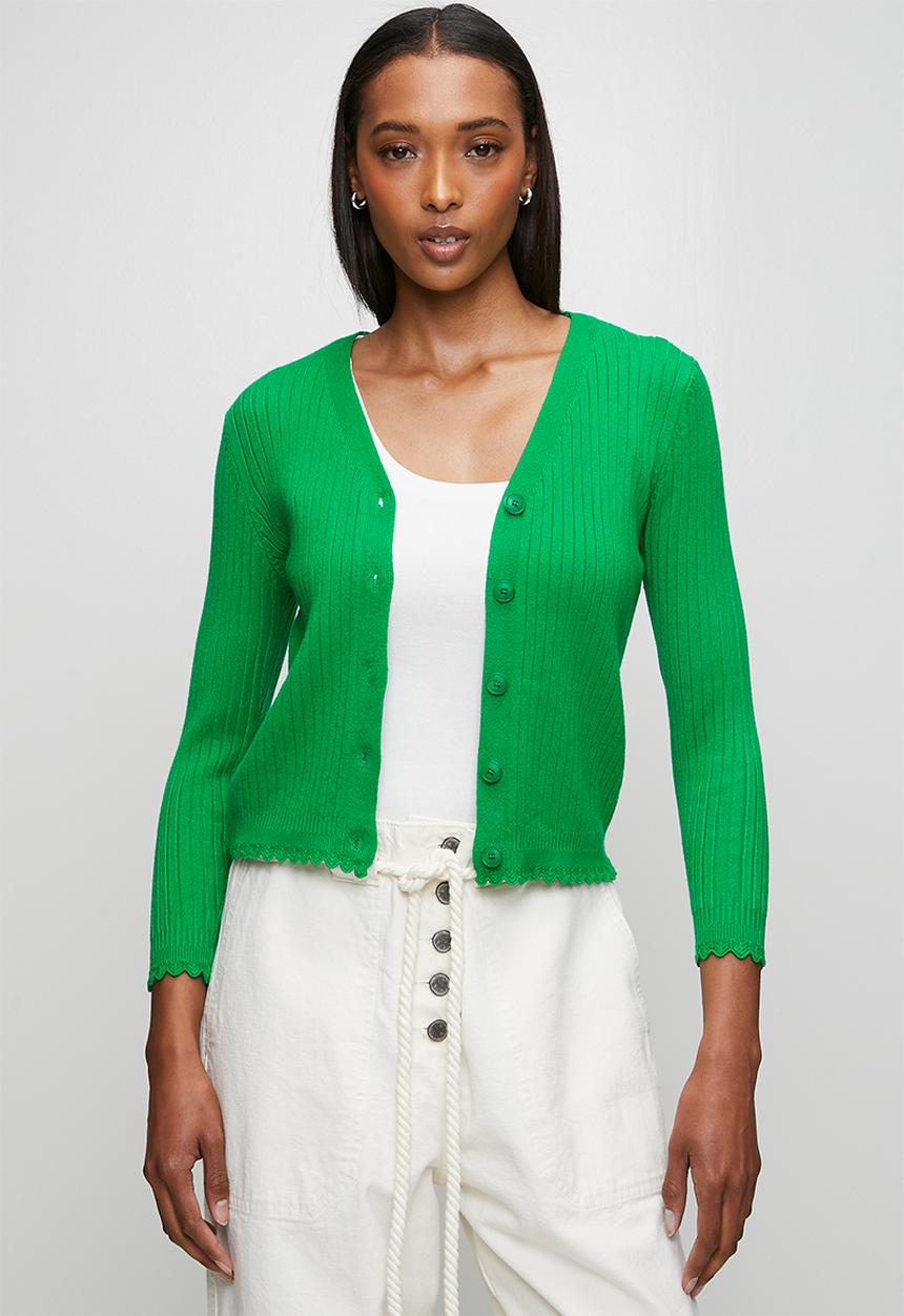 Stella Morgan - 3/4 Sleeve V-Neck Button Through Cardi With Scallop Hem  - Fort Green