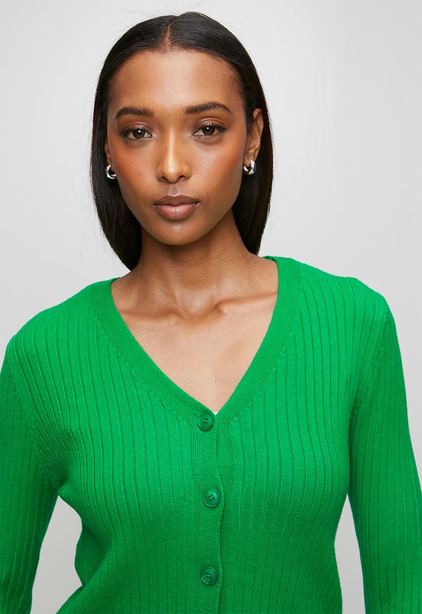 Stella Morgan - 3/4 Sleeve V-Neck Button Through Cardi With Scallop Hem  - Fort Green