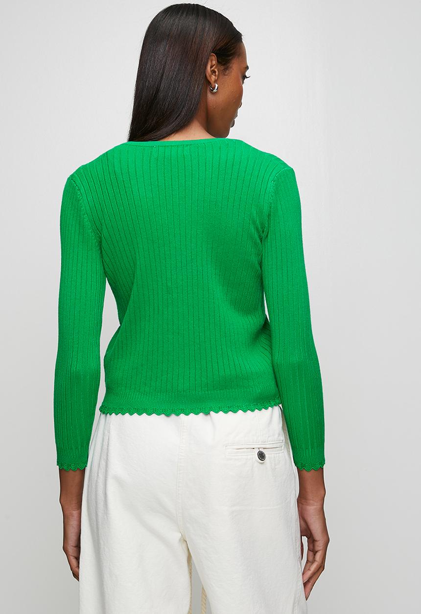 Stella Morgan - 3/4 Sleeve V-Neck Button Through Cardi With Scallop Hem  - Fort Green