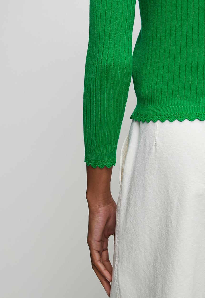 Stella Morgan - 3/4 Sleeve V-Neck Button Through Cardi With Scallop Hem  - Fort Green