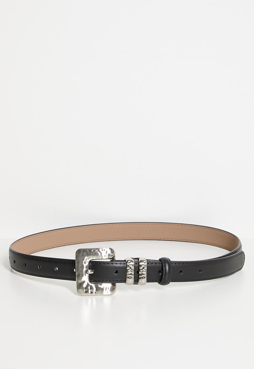 Tessa Design - Lillian Silver Textured Square Buckle Slim Belt - Black