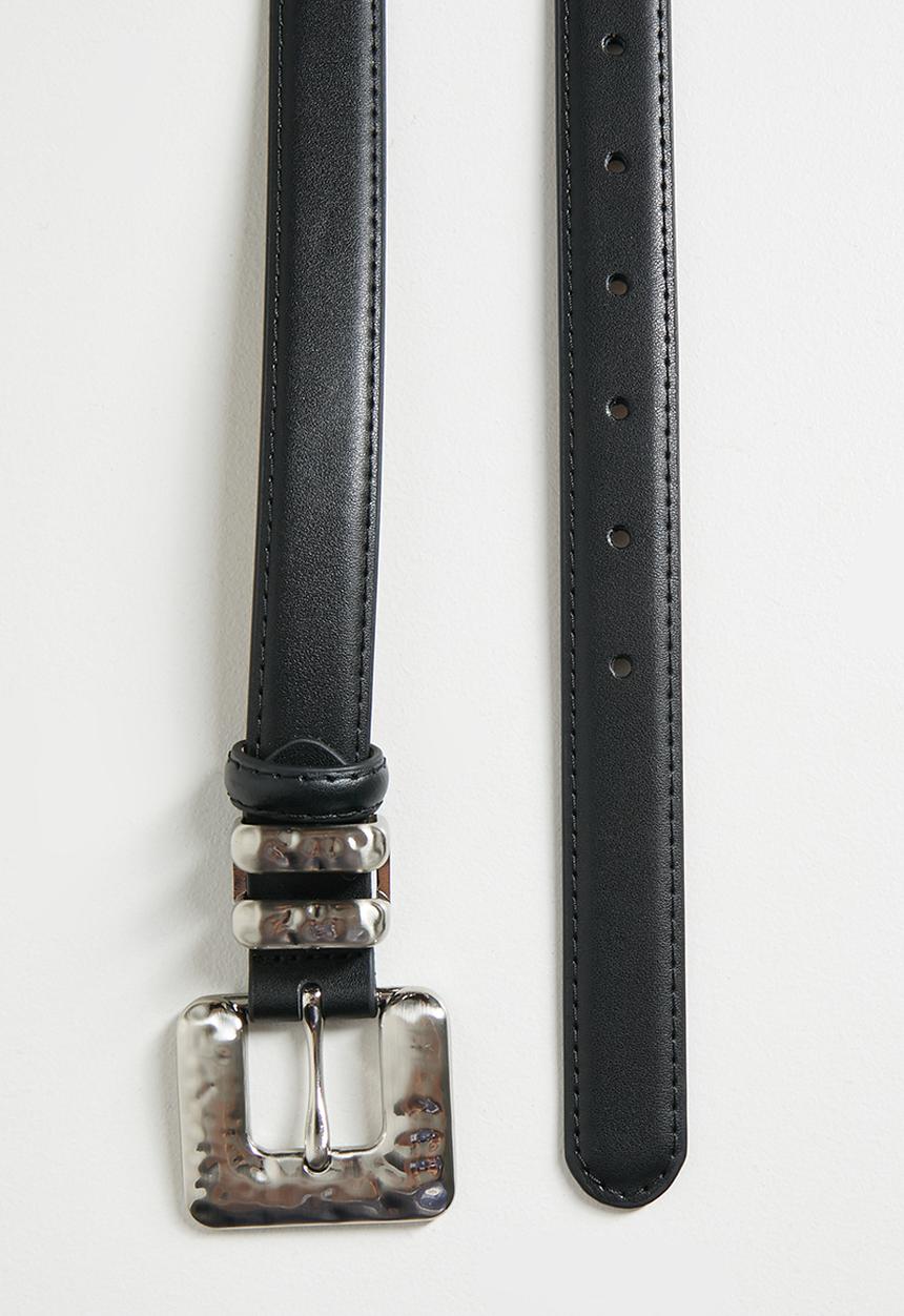 Tessa Design - Lillian Silver Textured Square Buckle Slim Belt - Black