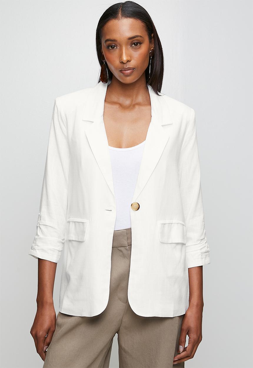 Stella Morgan - 3/4 Sleeve Single Button Linen Blend Slouchy Jacket - White