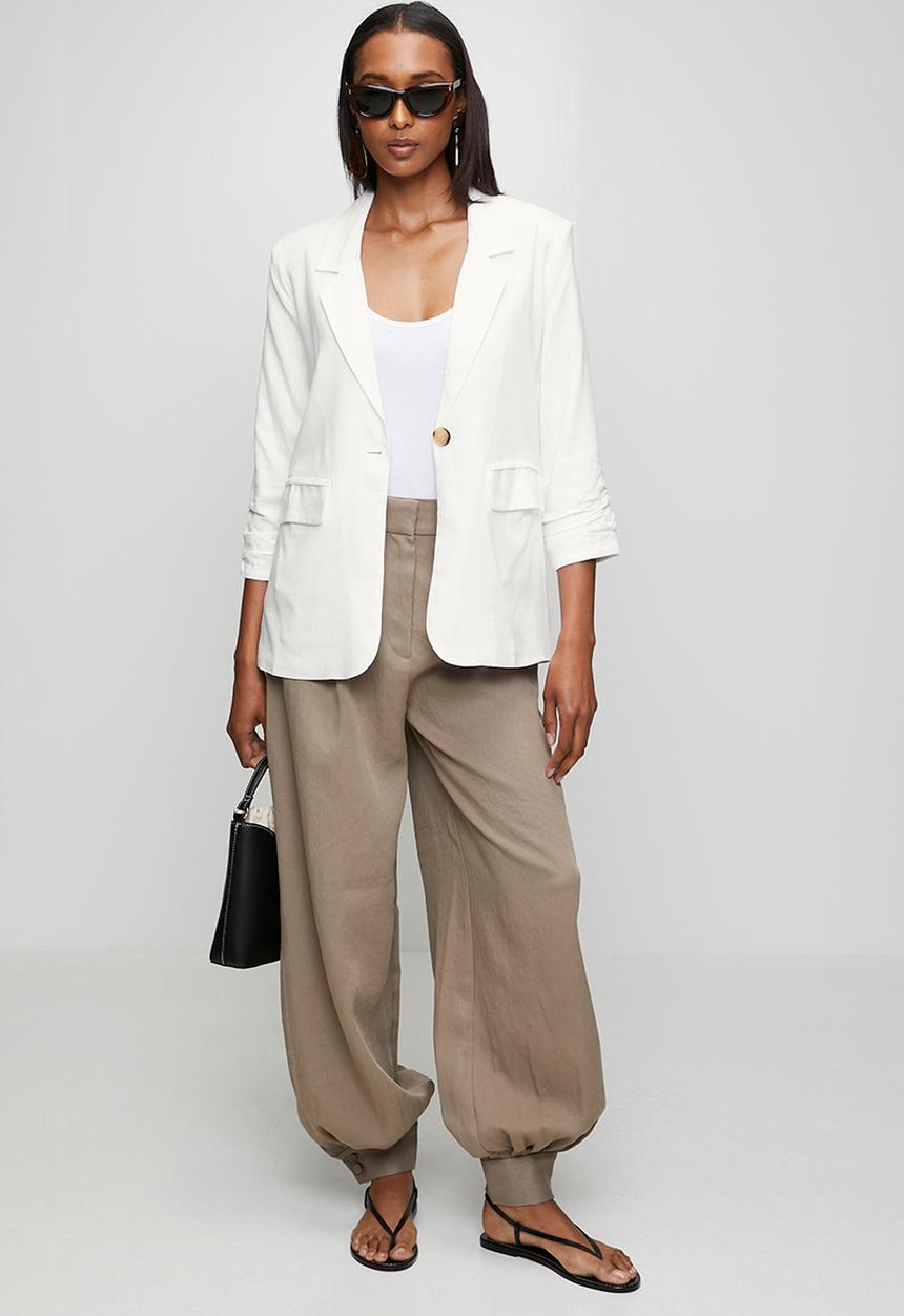 Stella Morgan - 3/4 Sleeve Single Button Linen Blend Slouchy Jacket - White