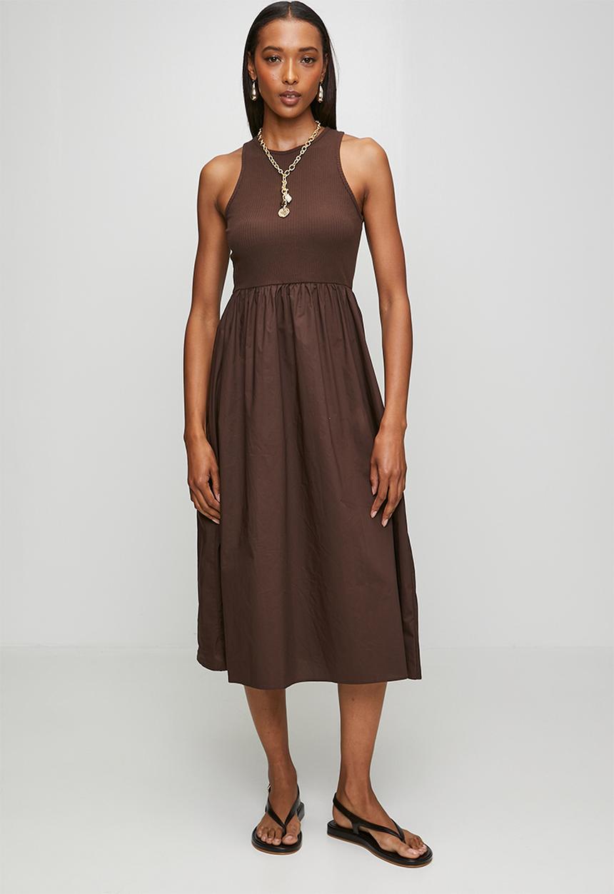 Brave Soul - Ladies Midi Ribbed Jersey And Poplin Mix Dress - Dark Brown