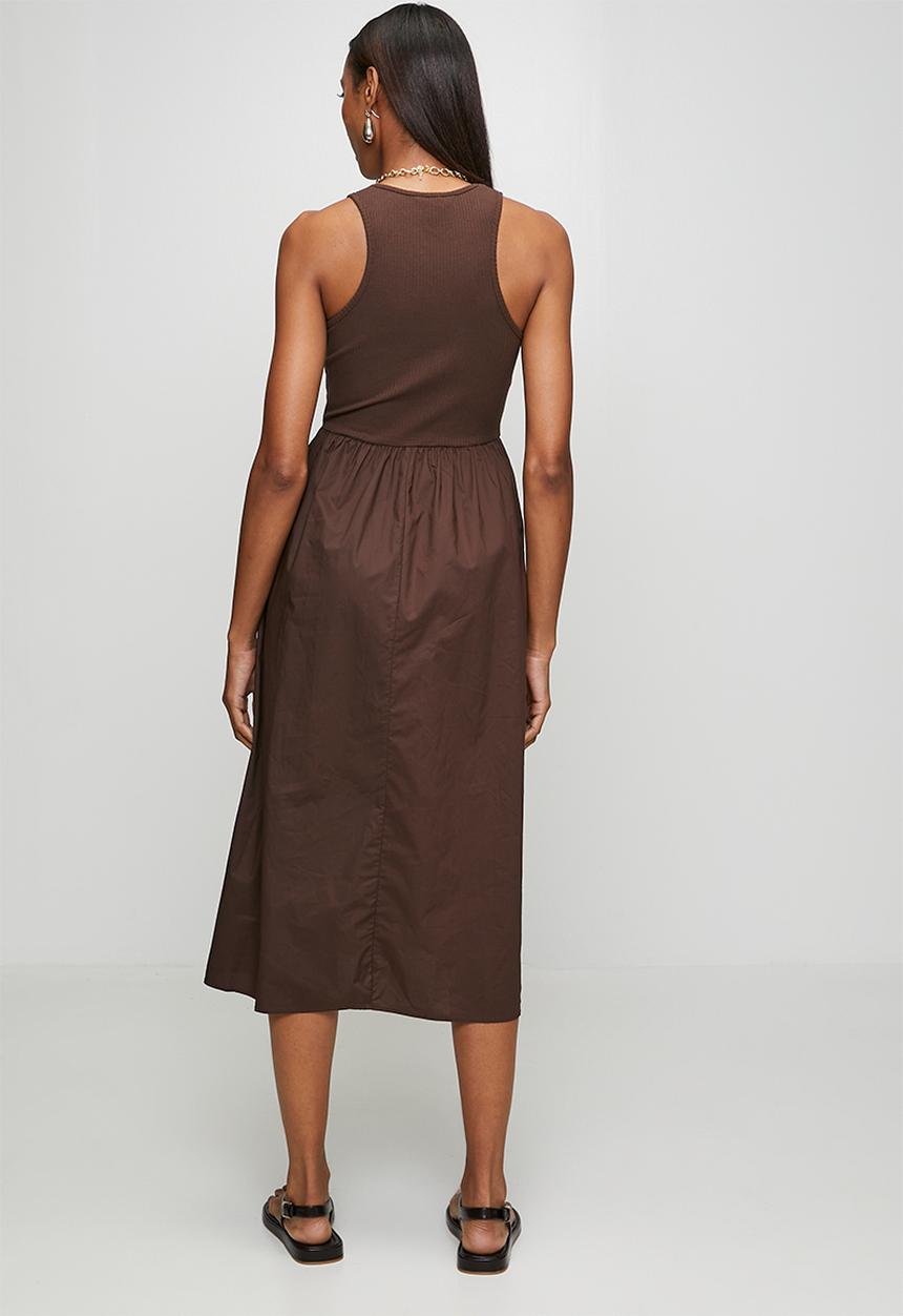 Brave Soul - Ladies Midi Ribbed Jersey And Poplin Mix Dress - Dark Brown
