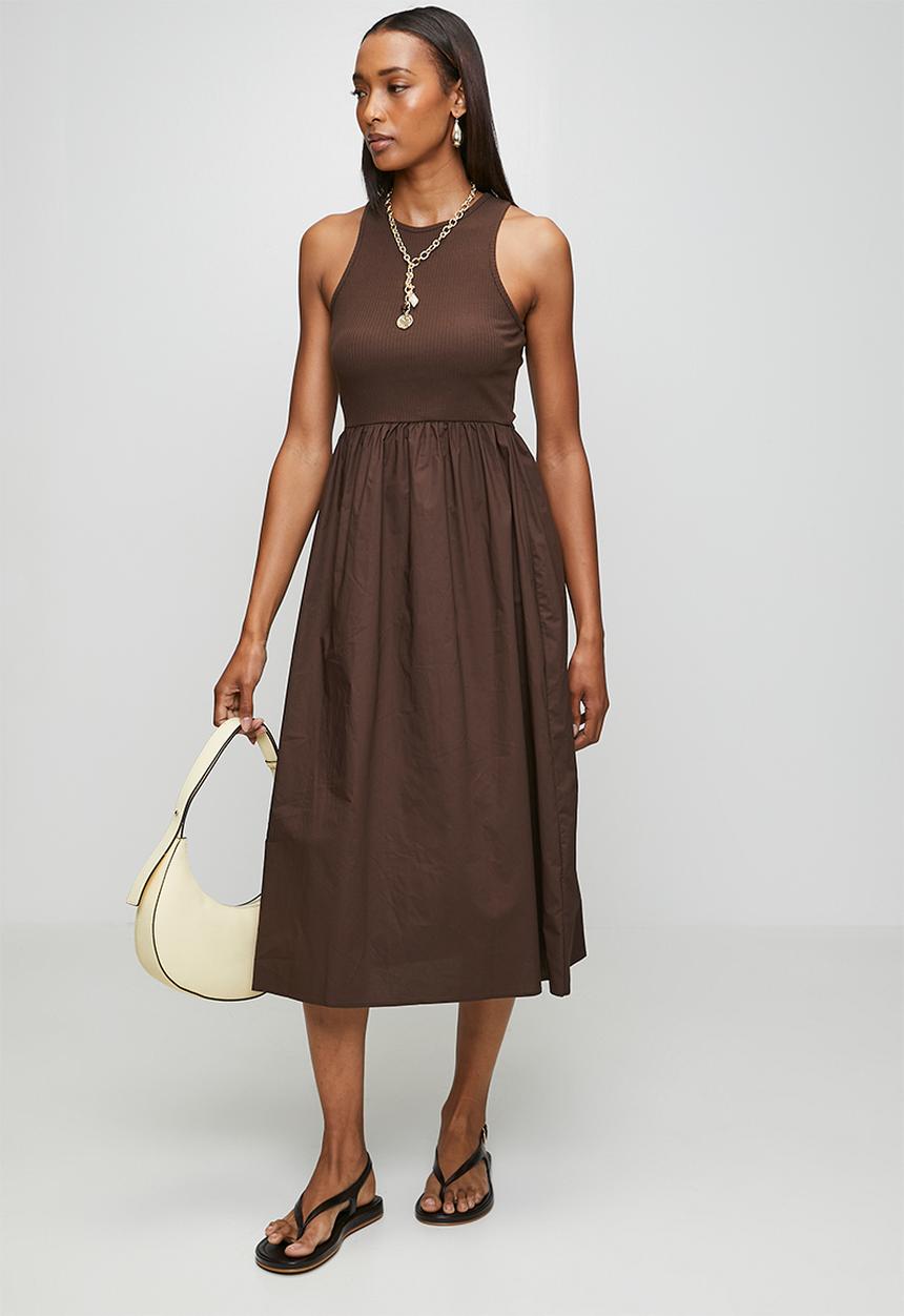 Brave Soul - Ladies Midi Ribbed Jersey And Poplin Mix Dress - Dark Brown