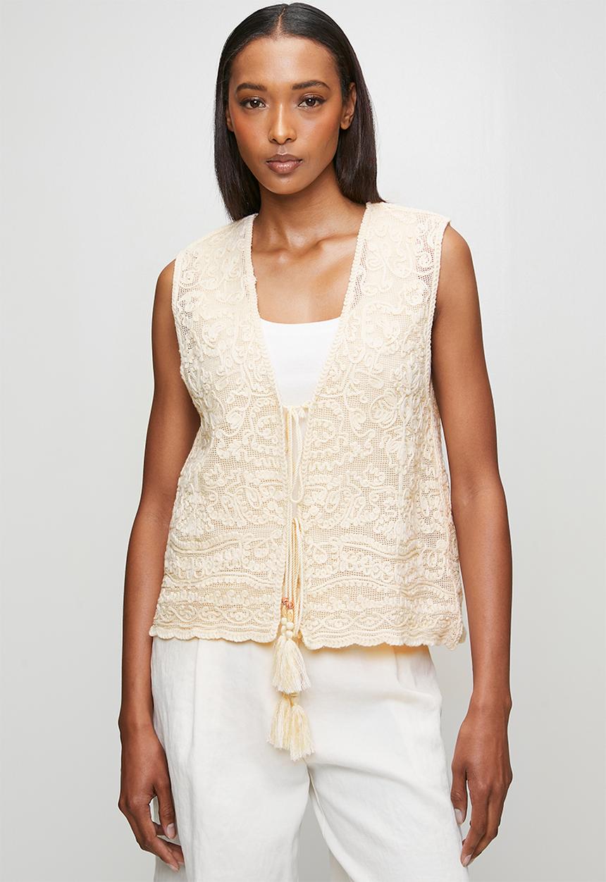 MANDI - Sleeveless V-Neck Crochet Waistcoat - Ivory