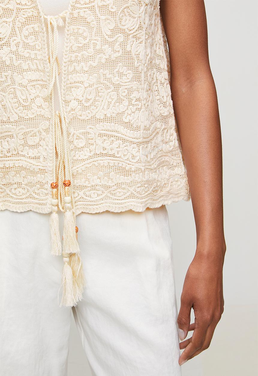 MANDI - Sleeveless V-Neck Crochet Waistcoat - Ivory