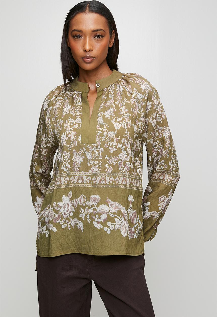 MANDI - Long sleeve Key Hole Printed Blouse - Olive
