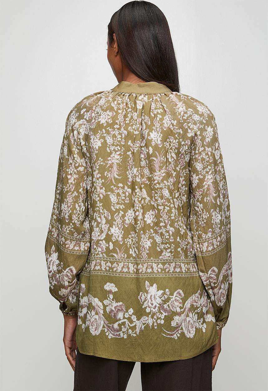 MANDI - Long sleeve Key Hole Printed Blouse - Olive