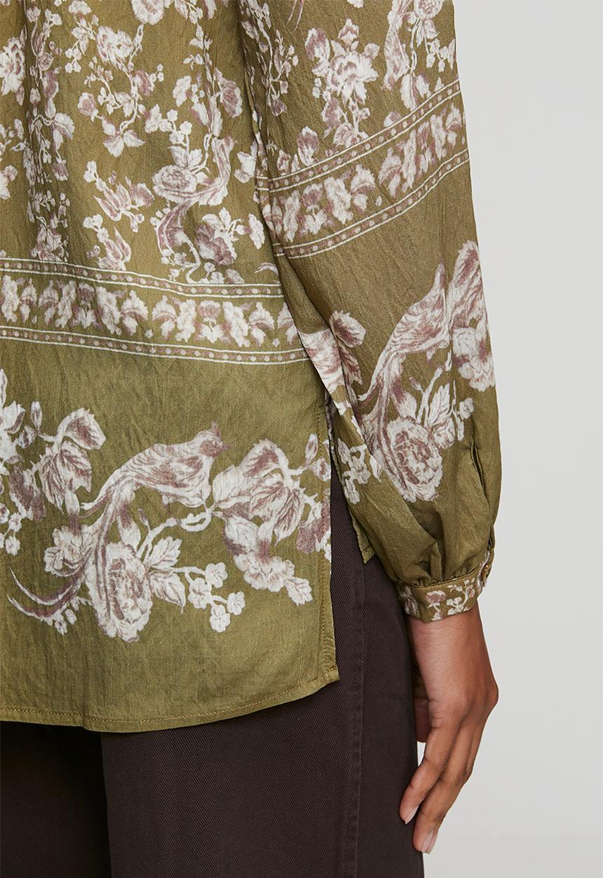 MANDI - Long sleeve Key Hole Printed Blouse - Olive