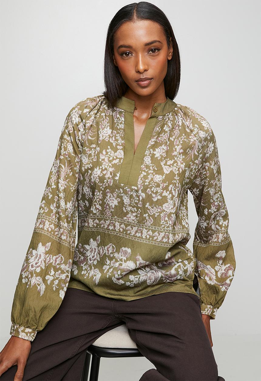 MANDI - Long sleeve Key Hole Printed Blouse - Olive