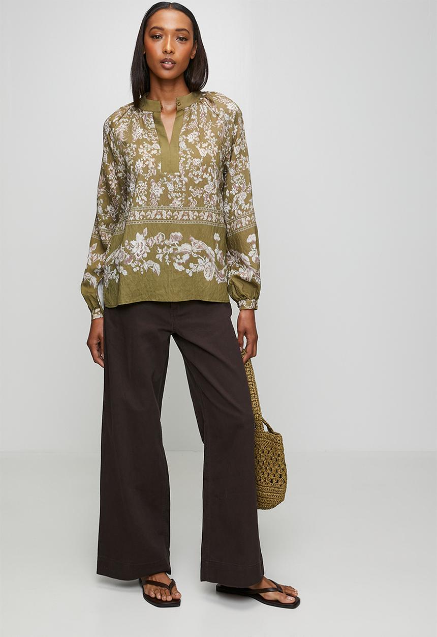 MANDI - Long sleeve Key Hole Printed Blouse - Olive