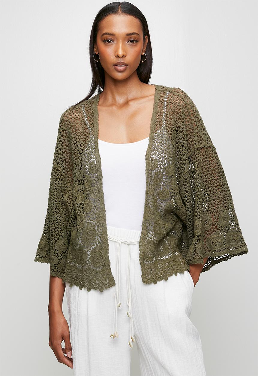 Izabel London - Batwing Sleeve Cardi In Lace - Khaki