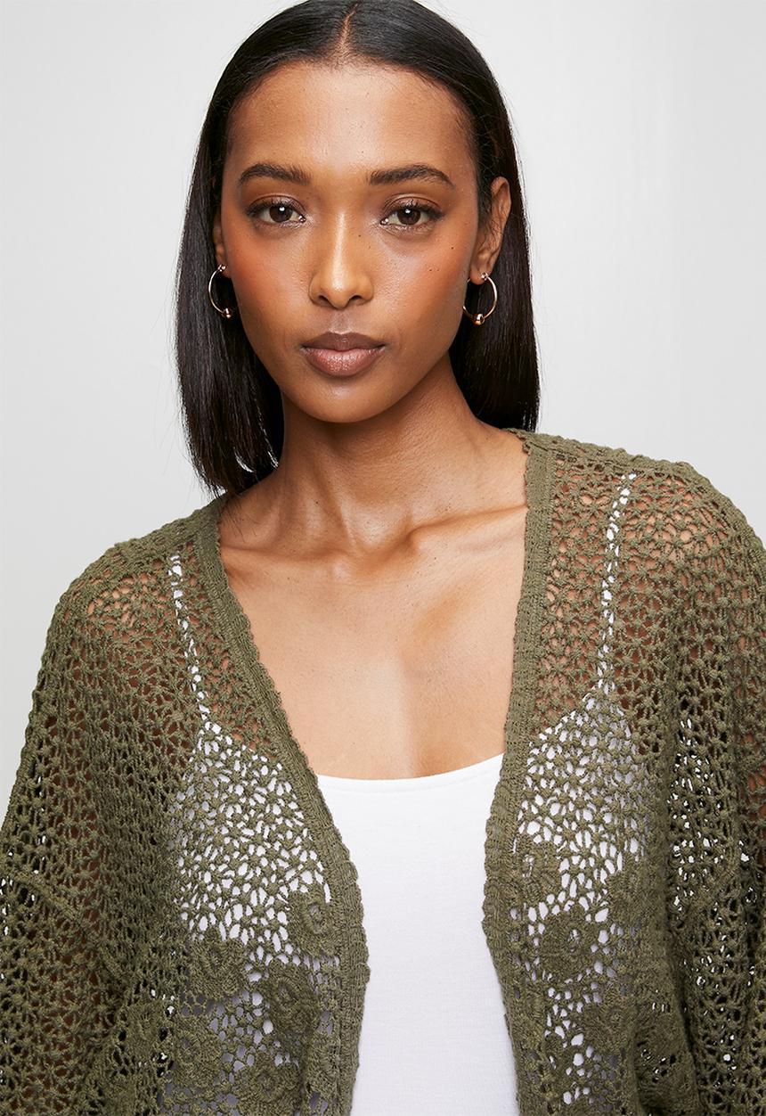 Izabel London - Batwing Sleeve Cardi In Lace - Khaki