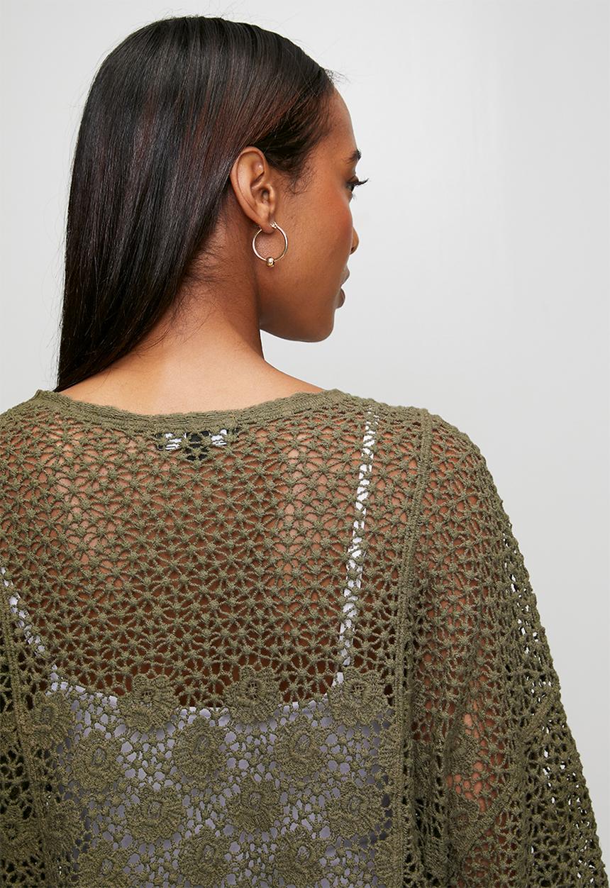 Izabel London - Batwing Sleeve Cardi In Lace - Khaki