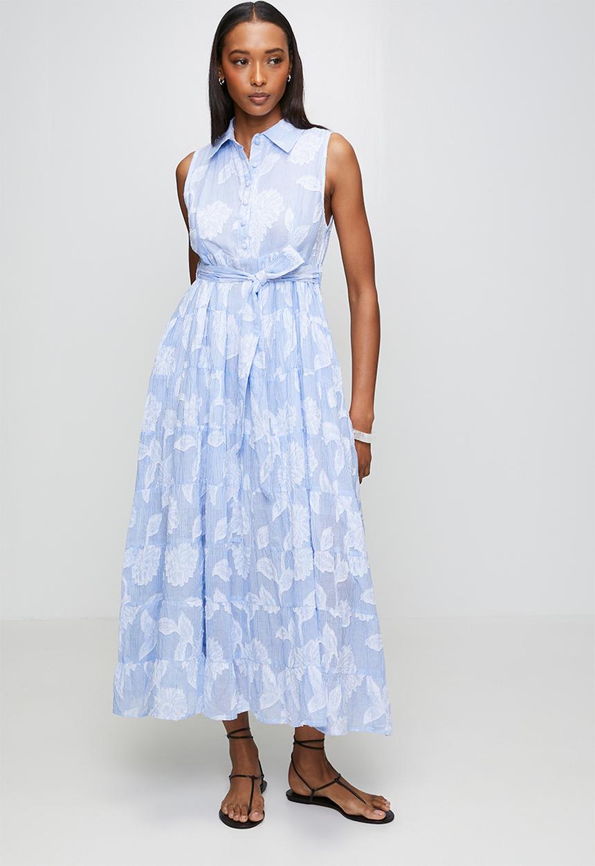 Izabel London - S/Less Covered Button  Waist Tie Tiered Skirt Maxi Dress - Blue