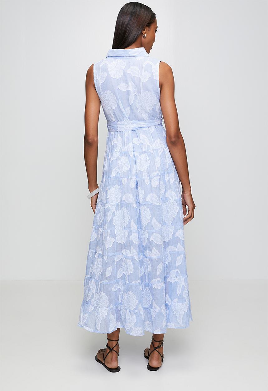 Izabel London - S/Less Covered Button  Waist Tie Tiered Skirt Maxi Dress - Blue