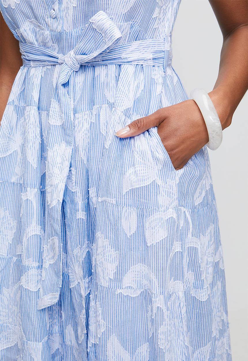 Izabel London - S/Less Covered Button  Waist Tie Tiered Skirt Maxi Dress - Blue