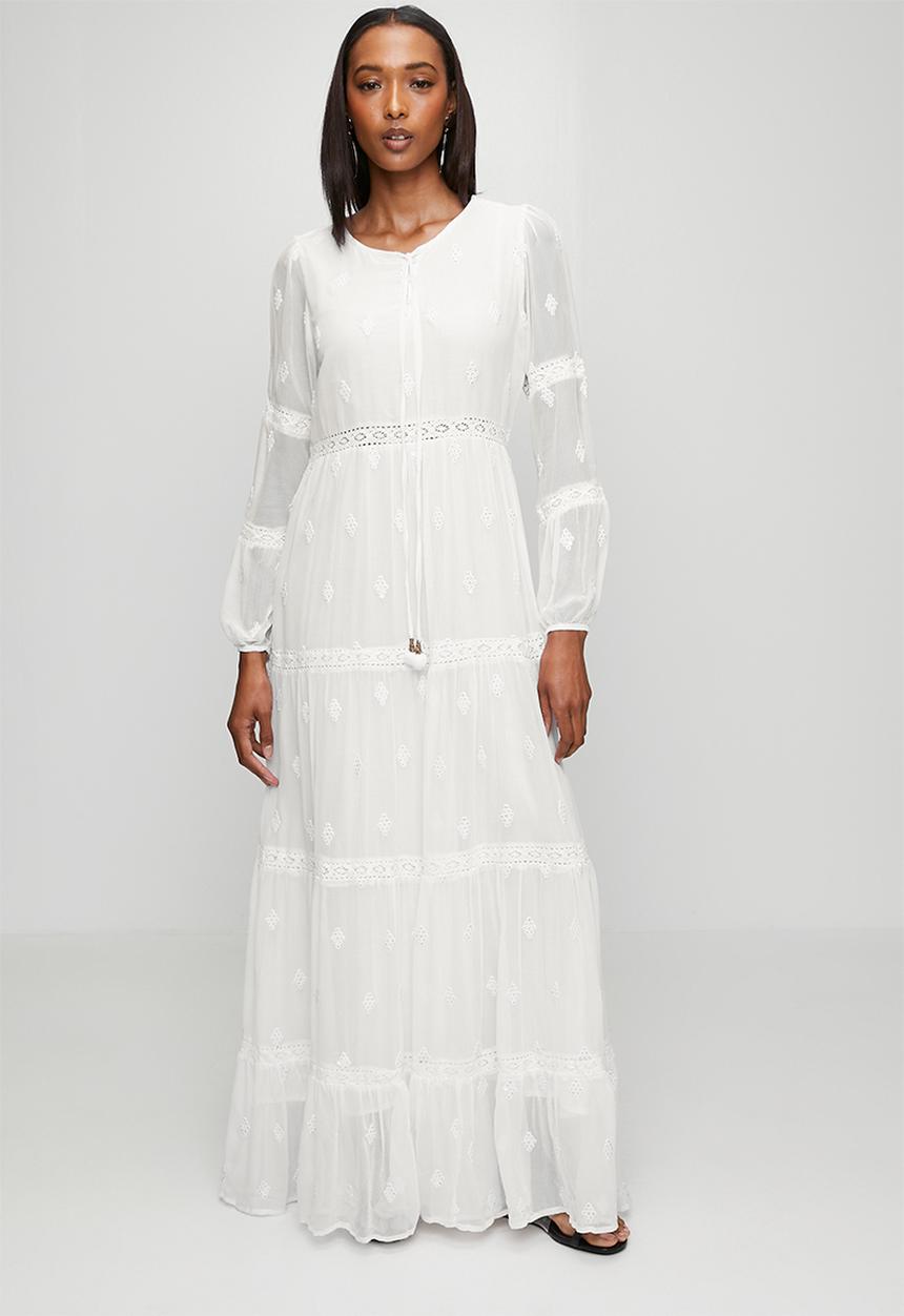 Izabel London - L/S With Bell 3 Button A-Line Tiered Dress With Crochet Detailing - White