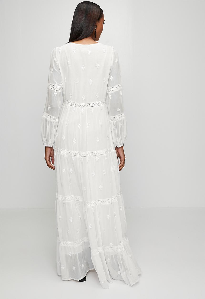 Izabel London - L/S With Bell 3 Button A-Line Tiered Dress With Crochet Detailing - White