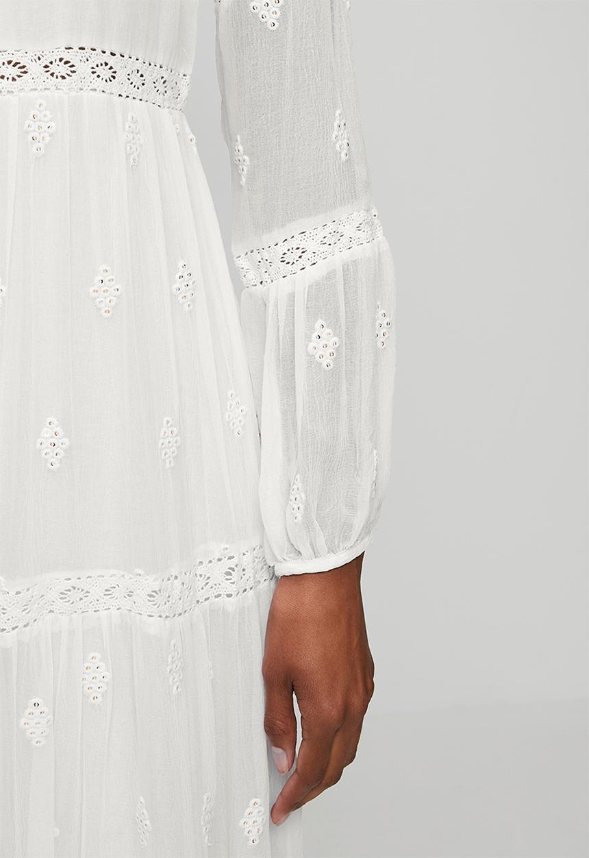 Izabel London - L/S With Bell 3 Button A-Line Tiered Dress With Crochet Detailing - White