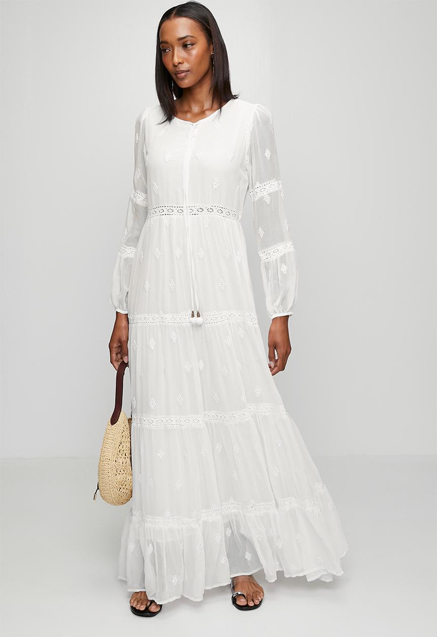 Izabel London - L/S With Bell 3 Button A-Line Tiered Dress With Crochet Detailing - White