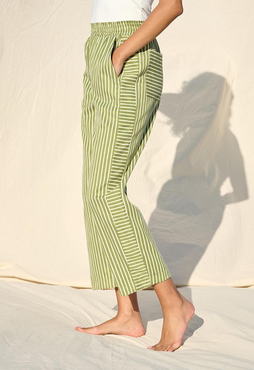 Me&B - Stripe Tapered Leg With Contrast Panel - Green