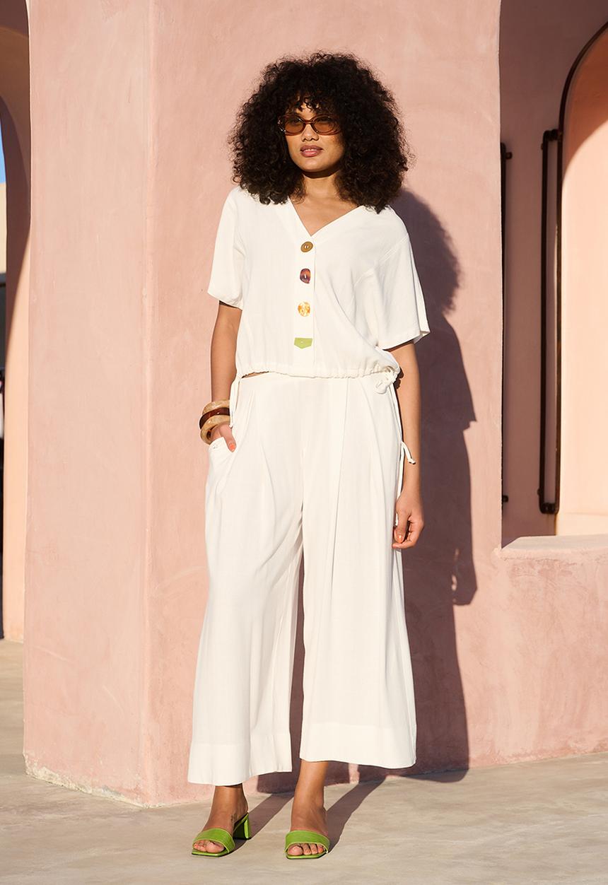 Me&B - Plus Deep Invert Wide Leg Cropped Pant - Milk