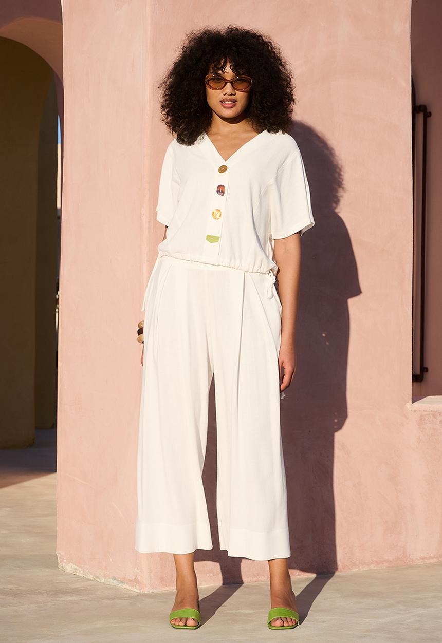 Me&B - Plus Deep Invert Wide Leg Cropped Pant - Milk