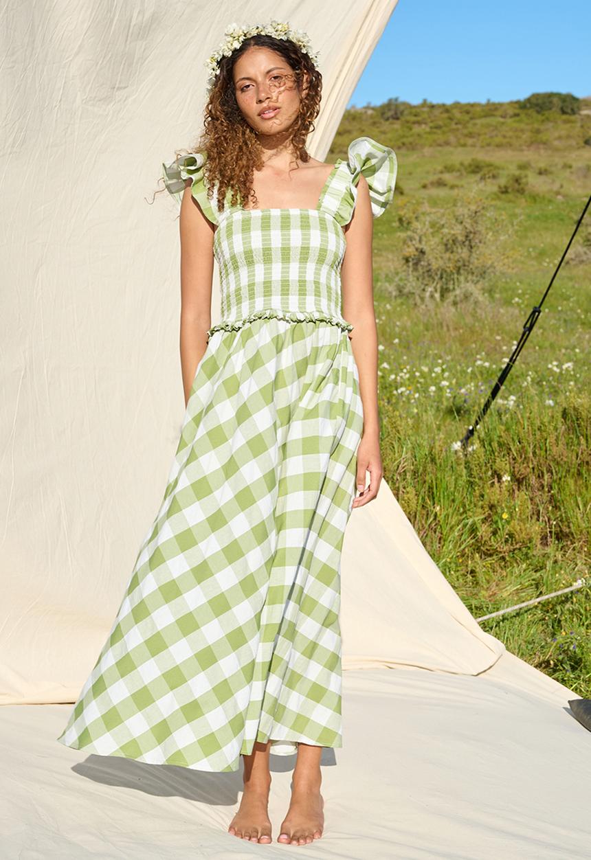 Me&B - Broad Strap Shirring Bodice Dress - Green Check
