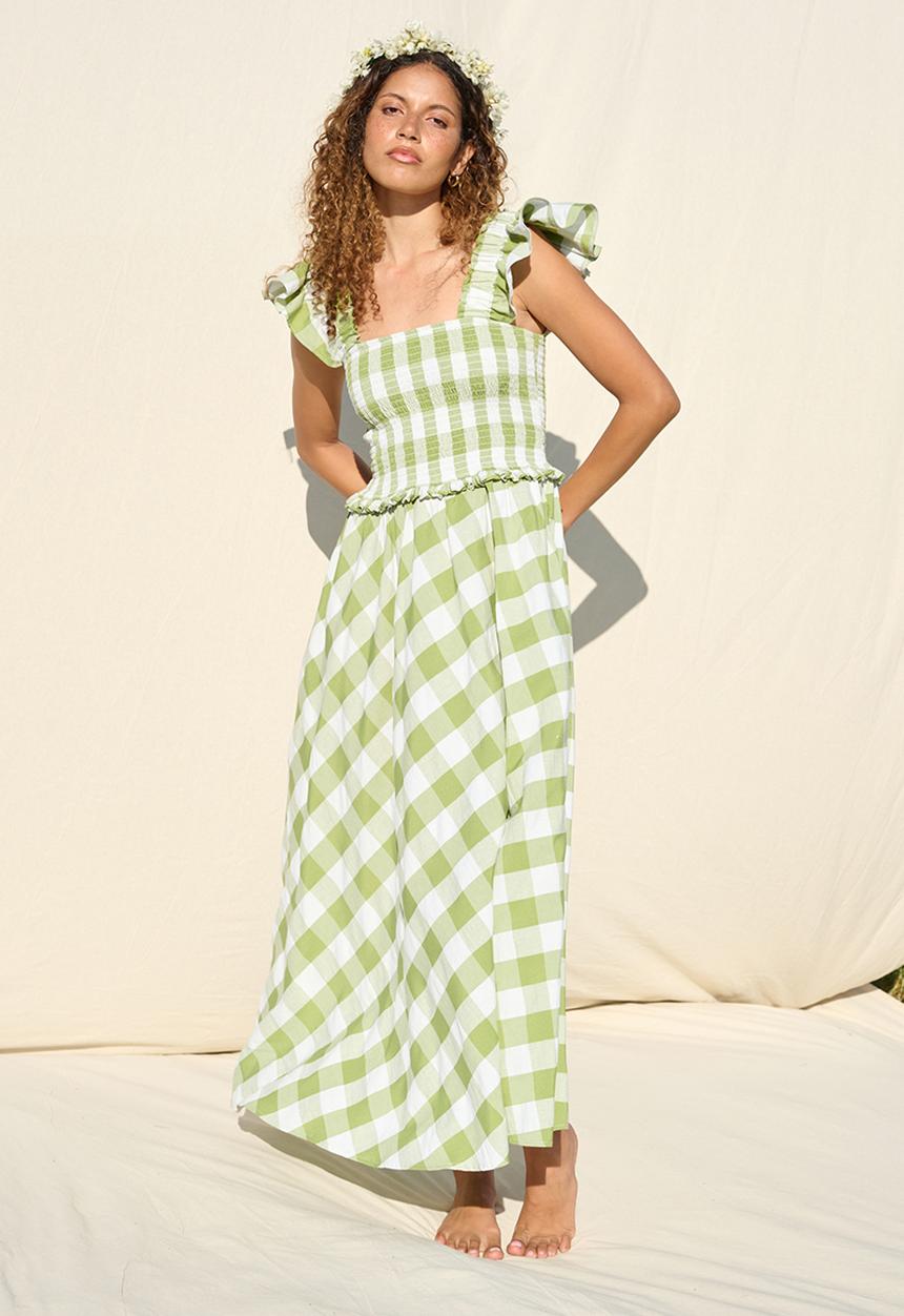 Me&B - Broad Strap Shirring Bodice Dress - Green Check