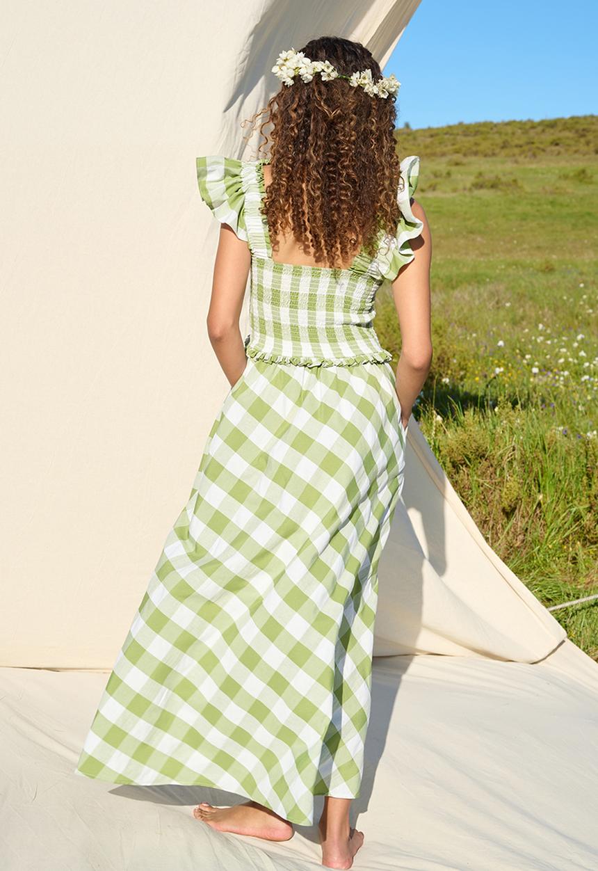 Me&B - Broad Strap Shirring Bodice Dress - Green Check