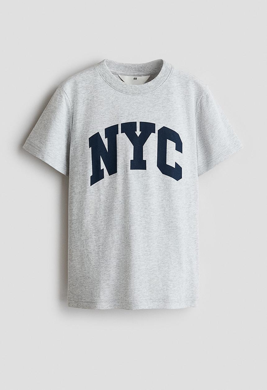 H&M - Printed cotton t-shirt - light grey marl/nyc