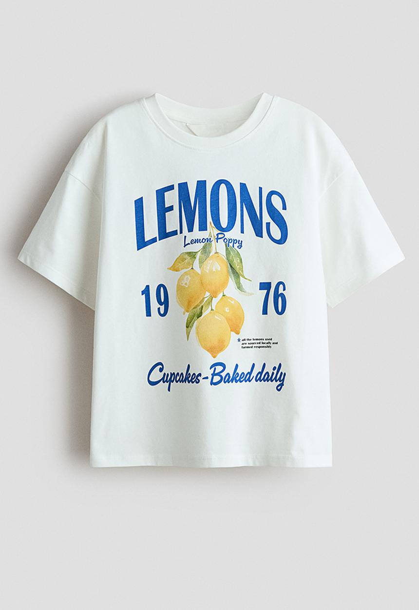 H&M - Oversized cotton t-shirt - white/lemons