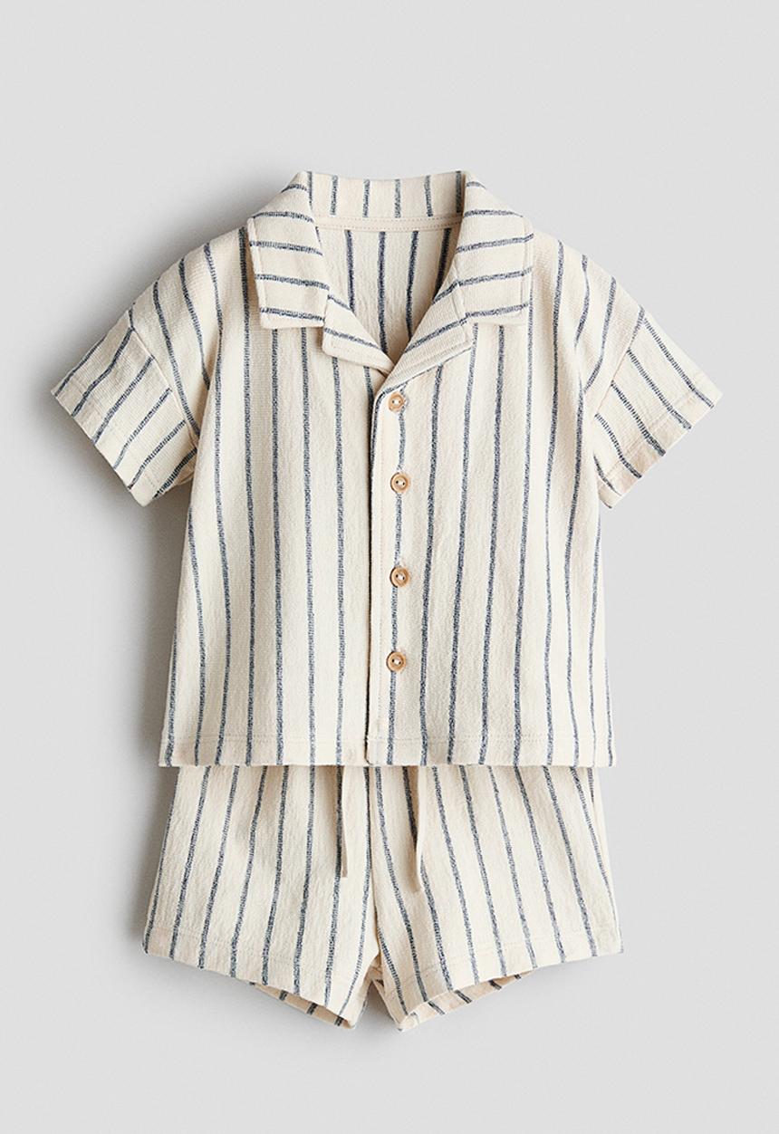 H&M - 2-Piece cotton jersey set - light beige/blue striped