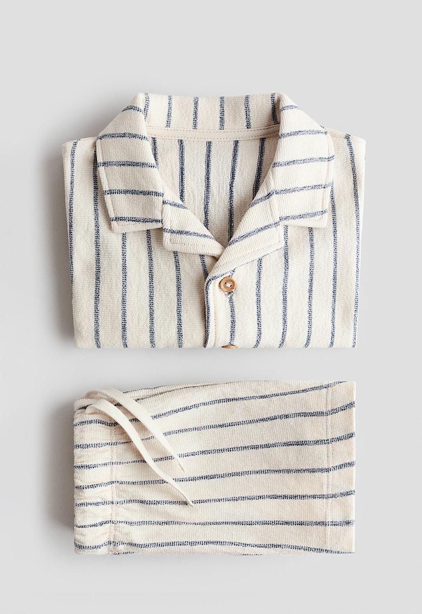 H&M - 2-Piece cotton jersey set - light beige/blue striped