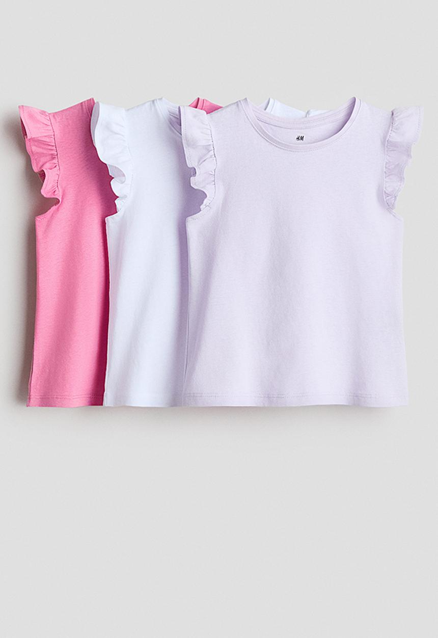 H&M - 3-Pack flutter-sleeved tops - pink/white/lilac