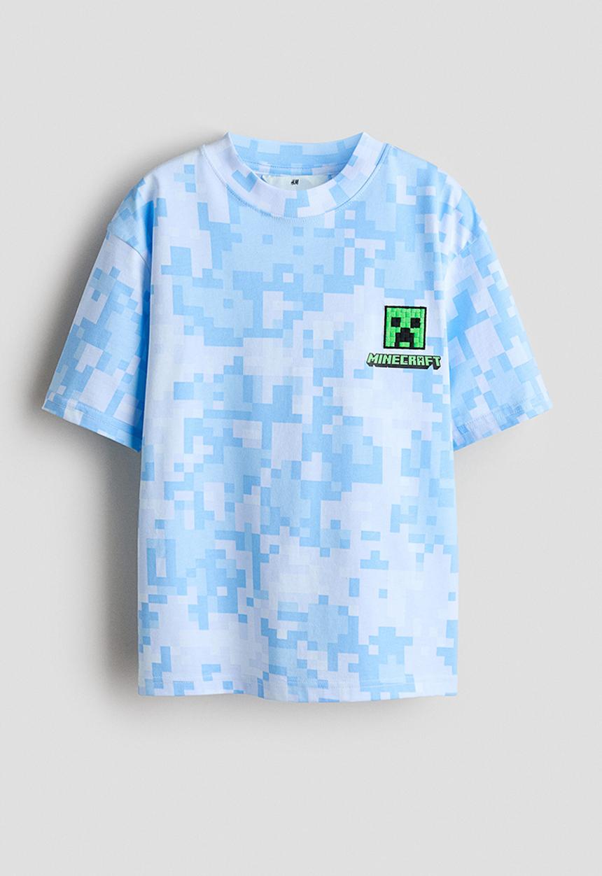 H&M - Printed T-shirt - light blue/minecraft