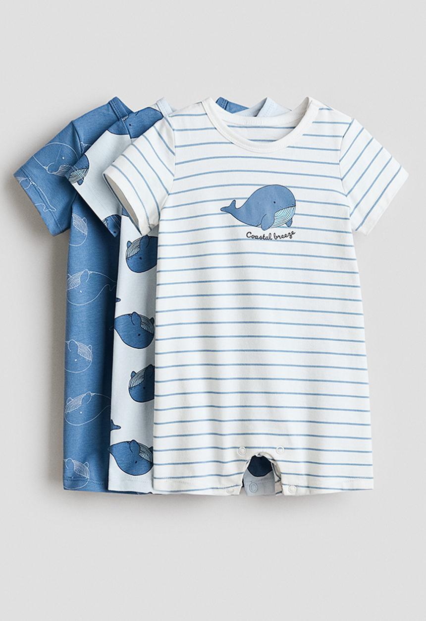 H&M - 3-Pack short sleepsuits - dusty blue/whales