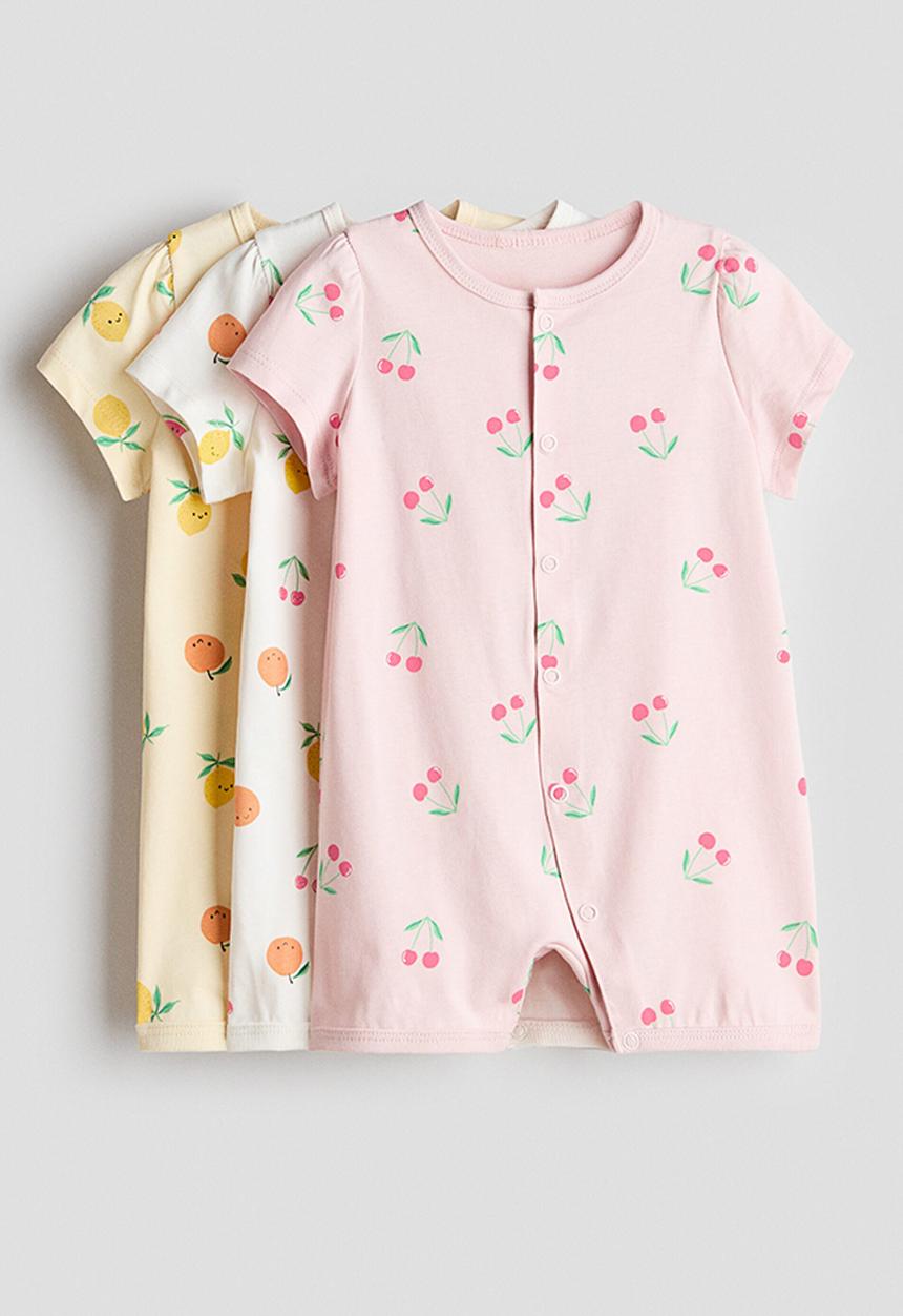 H&M - 3-pack short cotton sleepsuits - light pink/cherries