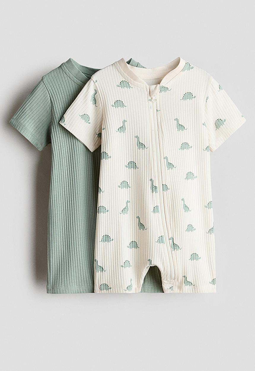 H&M - 2-Pack short cotton sleepsuits - dusty green/dinosaurs