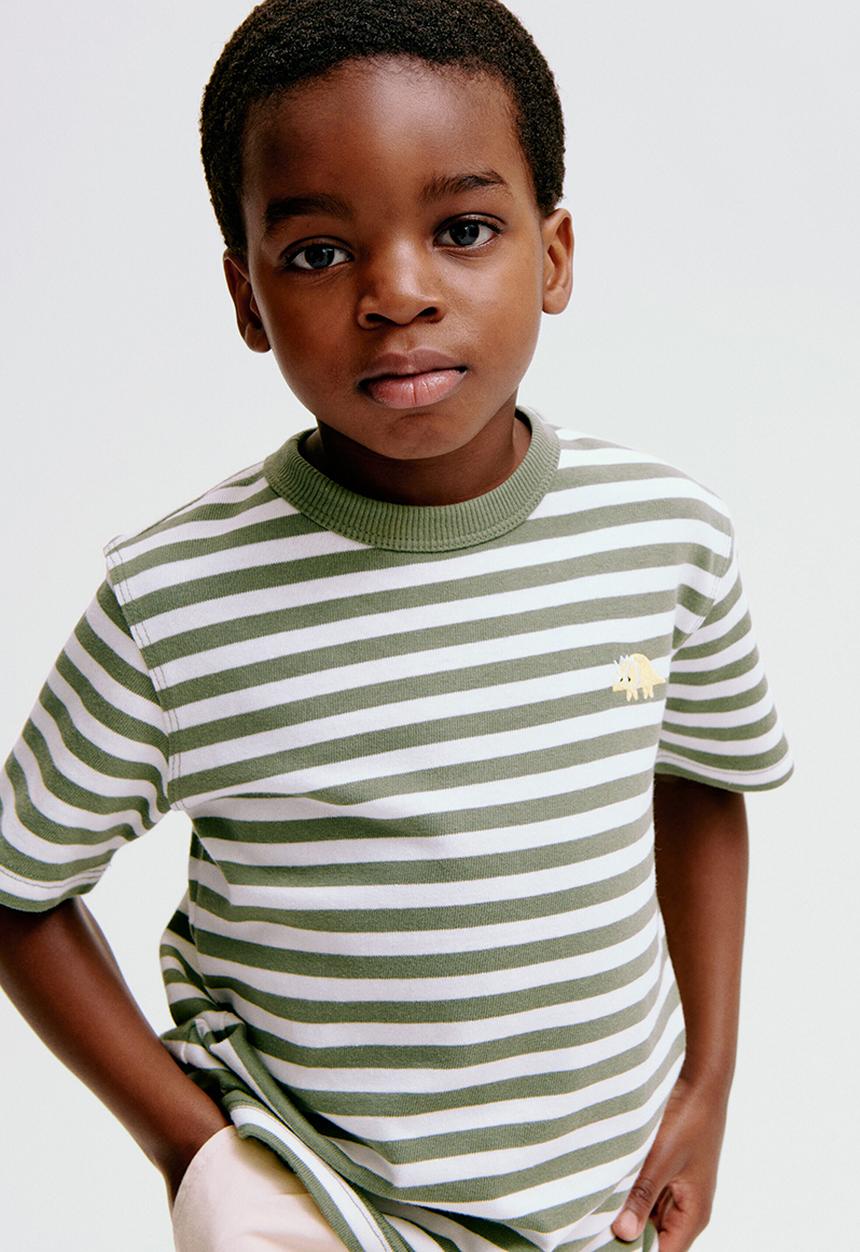H&M - Embroidery-detail t-shirt - khaki green/striped