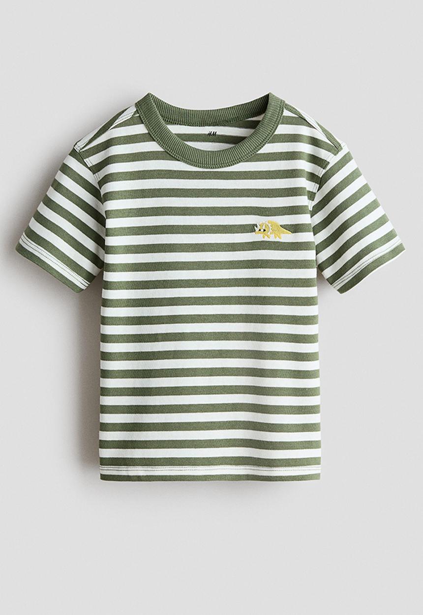 H&M - Embroidery-detail t-shirt - khaki green/striped