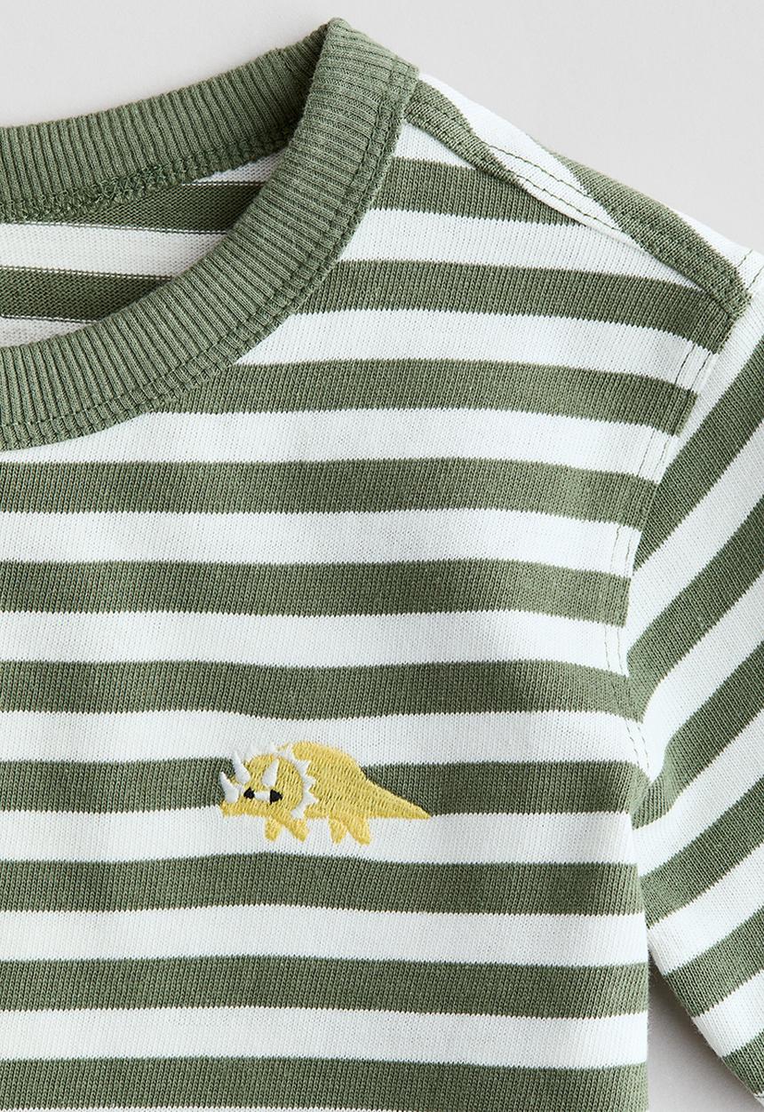 H&M - Embroidery-detail t-shirt - khaki green/striped
