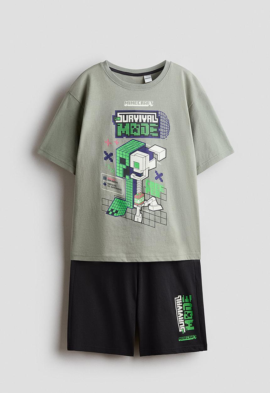 H&M - Printed cotton pyjamas - light khaki green/minecraft